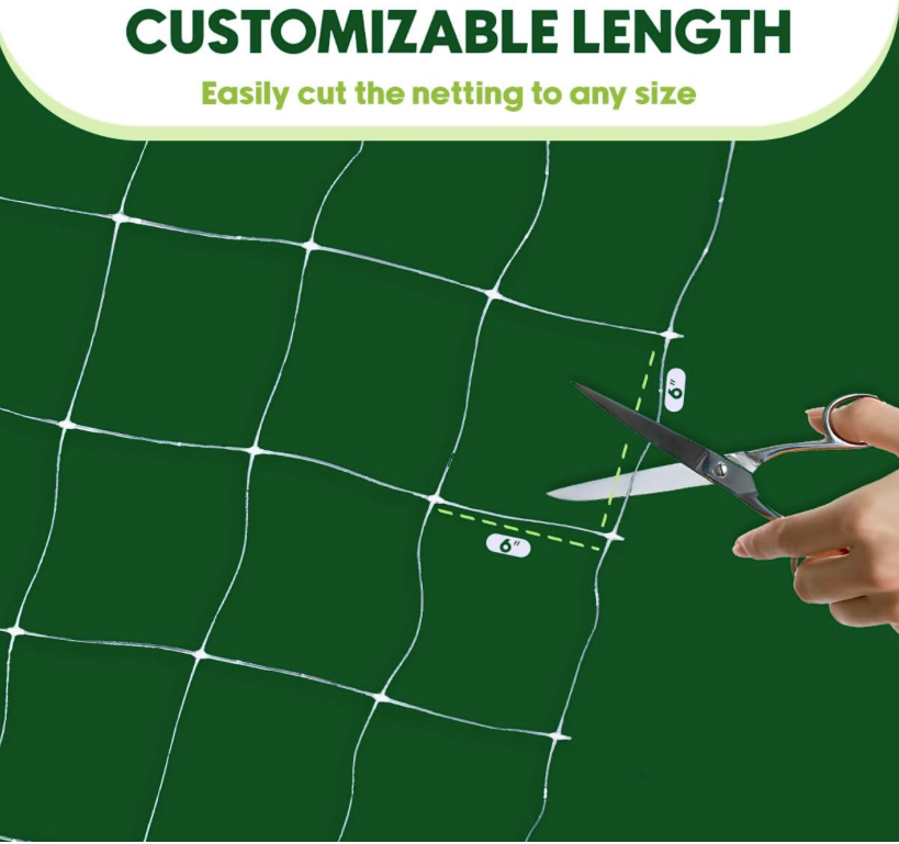 Green netting with scissors and text indicating customizable length and ease of cutting.